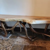 antler bench with burl wood top