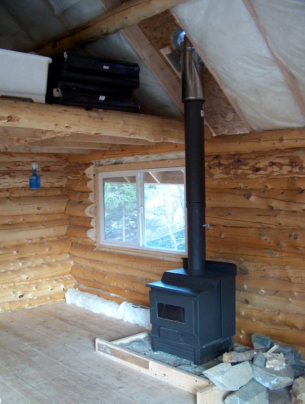 wood stove in log cabin