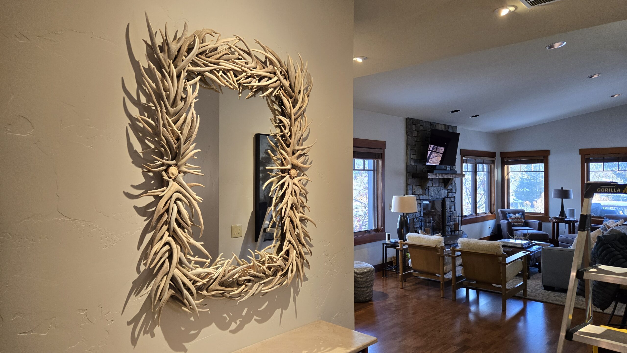 Handcrafted rectangle bleached antler mirror detail by Montana Antler Works