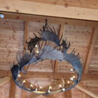 Large moose antler chandelier in barn