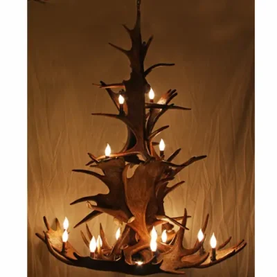 Towering handcrafted moose antler chandelier with multiple tiers